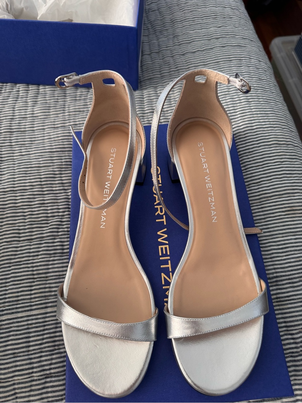 Stuart Weitzman Silver Metallic Ankle-Strap Sandals
